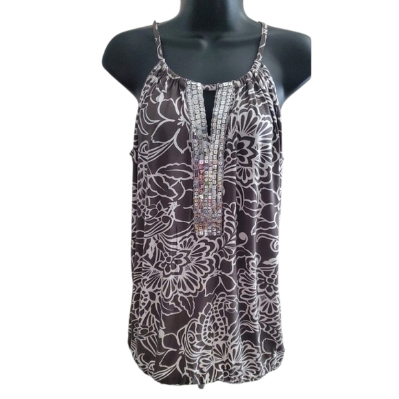 INC International Concepts Floral Halter Top With Sequins Grey & White Size M - Picture 1 of 6
